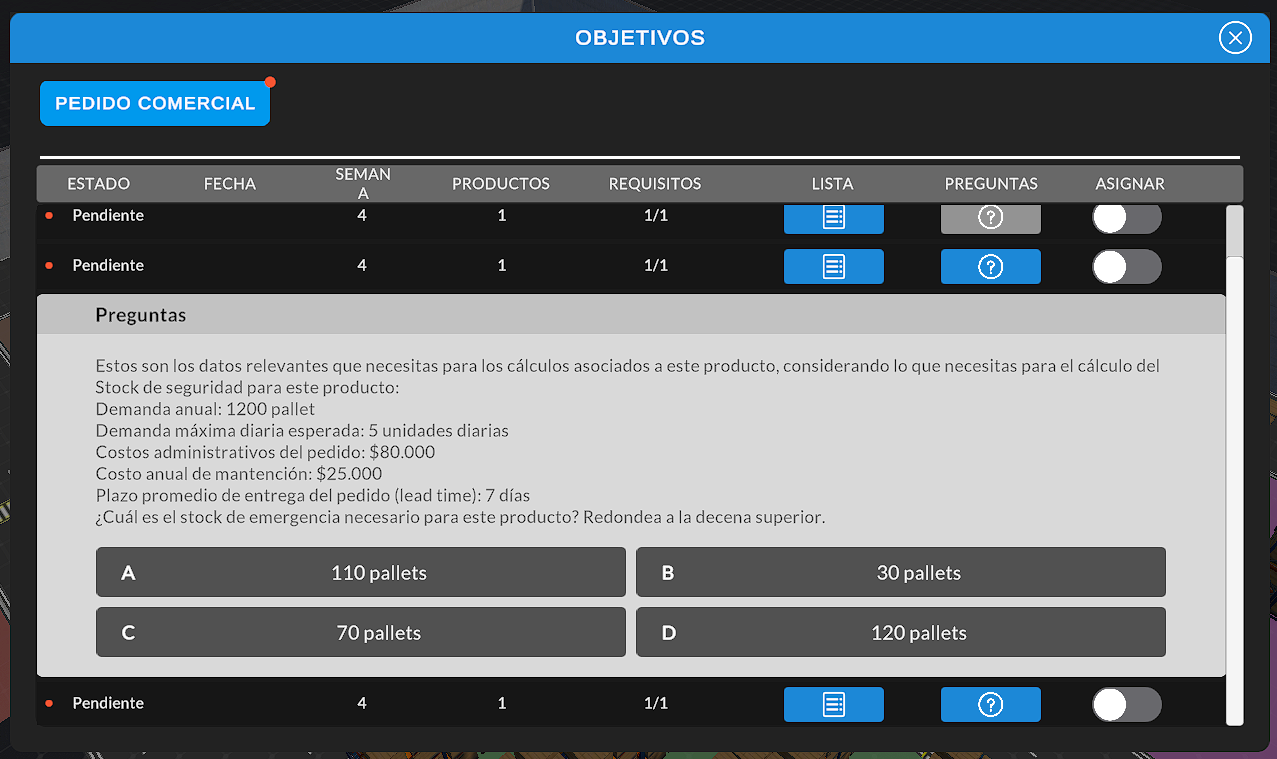 Pregunta de alternativas asociada a un pedido